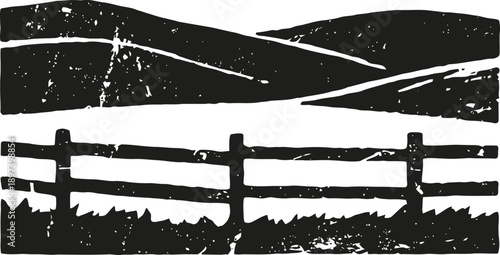 rustic wooden fence and rolling hills silhouette, countryside landscape with grass and open fields