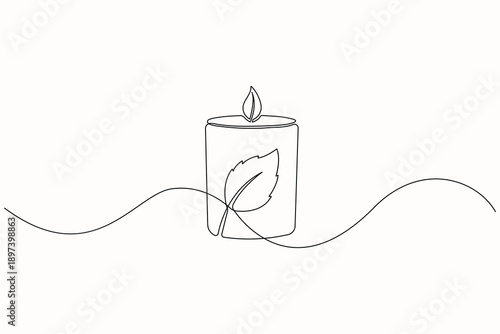 Eco candle with leaf minimalist continuous line outline illustration