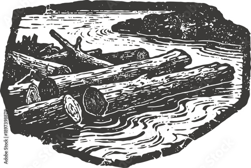 Logs floating on water near riverbank, timber driftwood in flowing stream, natural wood pile landscape