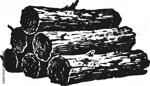 Stack of rustic wooden logs piled together, detailed bark texture, natural firewood illustration