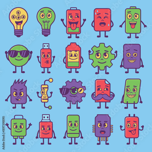 Large collection of funny electronic component characters with batteries light bulbs usb sticks and gears for technology and energy concept