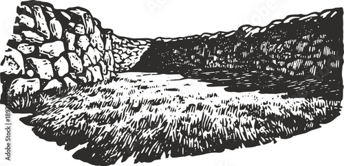Ancient stone wall and grass field landscape engraving black and white drawing
