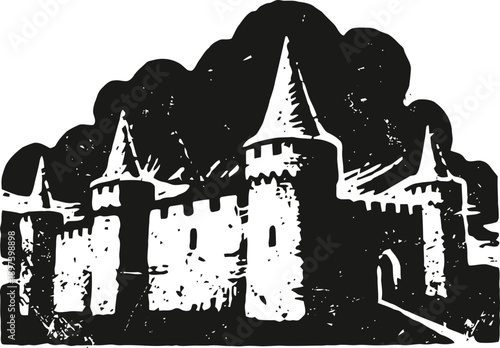 Medieval castle silhouette with towers and battlements under cloudy sky, historic fortress illustration