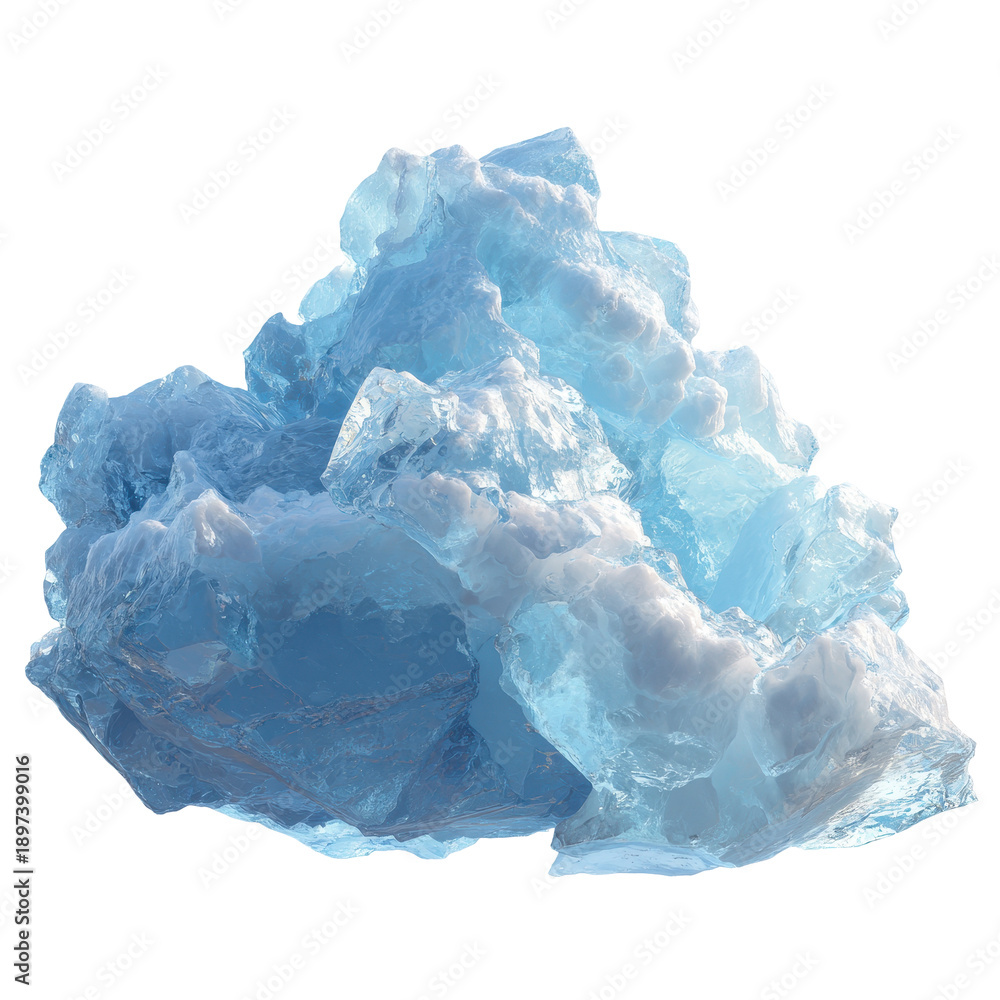 Obraz premium High-detail 3D illustration of a jagged, crystalline blue iceberg with realistic translucent textures and white snow accents ,isolated on transparent background