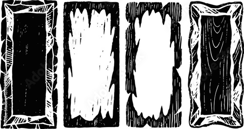 Four rustic rectangular wooden planks with rough edges in black and white vintage