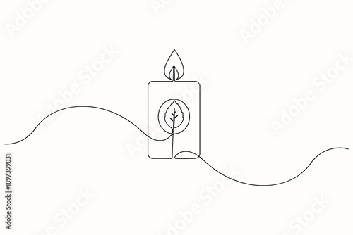 Candle and leaf single line art minimalist outline illustration