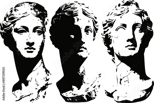 Three classical white marble busts of women, ancient sculpture heads in black and white design