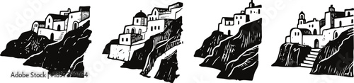 Black and white illustration of cliffside houses on steep rocky terrain, village architecture with layered buildings
