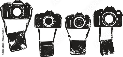 grunge vintage camera illustrations with strap in black silhouette set
