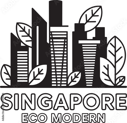 Singapore city skyline eco modern sustainable building architecture with organic leaf logo