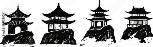 Black silhouette traditional japanese pagodas on rocky bases set, classic asian architecture landmarks