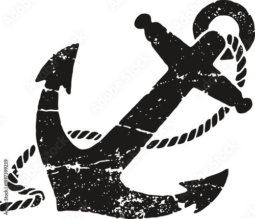 Vintage nautical anchor with rope distressed design silhouette in black