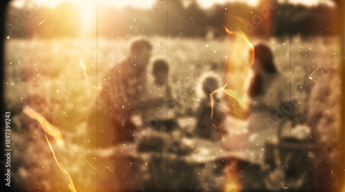 Blurry Vintage Family Picnic Scene with Heavy Film Scratch and Light Leak