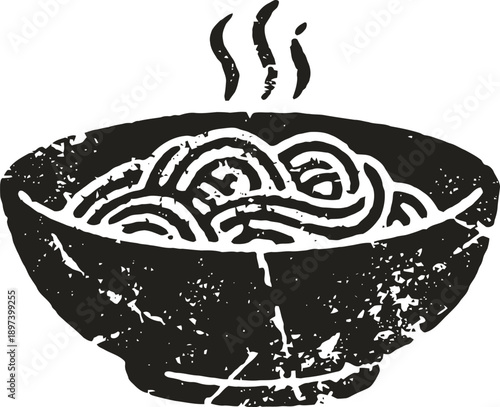 Steaming bowl of hot noodles with swirling steam rising, simple monochrome illustration