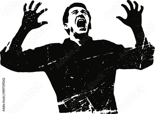 man screaming in distress with raised hands isolated black and white grunge silhouette