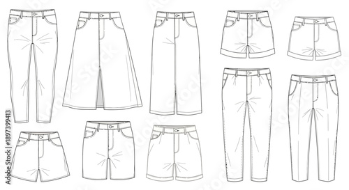 Jeans pants technical fashion sketch set showing front and back views with detailed garment construction