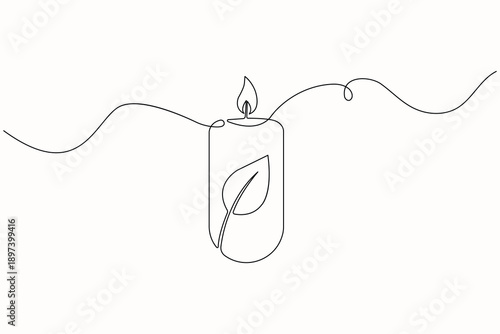 Candle with leaf, continuous one line drawin,g minimalist outline illustration