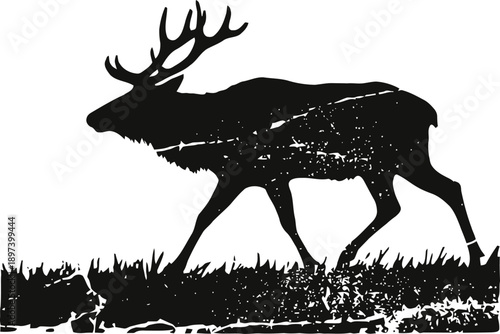 Black silhouette of a majestic elk with large antlers walking in the grass with textured details