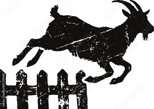 Silhouette of a jumping goat over a wooden fence with rough textured effect