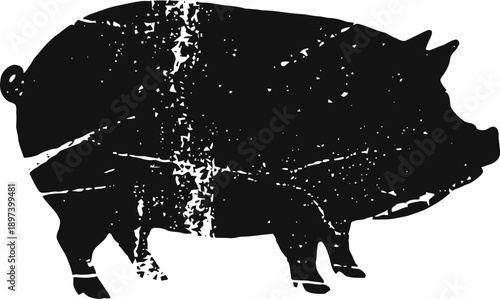 Black vintage pig silhouette with distressed texture on white background