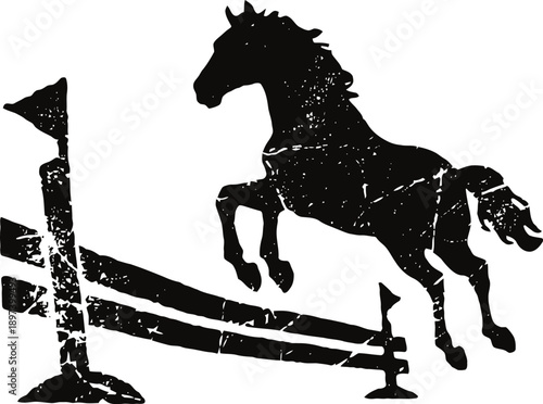 Black silhouette of horse jumping over fence with textured vintage design