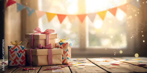 Stacked Gift Boxes with Festive Bunting in Cozy Sunlit Room