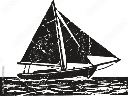Vintage sailing boat on rough sea, classic nautical design with large triangular sails and hull detail