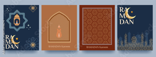 Set of Ramadan Kareem banners, posters, greeting cards, and cover designs featuring traditional patterns, mosques, and crescent moons in flat geometric style. Vector illustration.