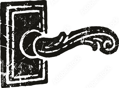 Vintage ornate door handle with decorative curved lever and rectangular backplate