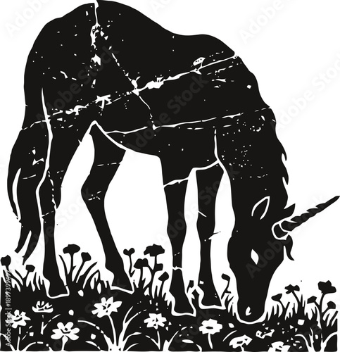 Unicorn grazing in flower field silhouette mythical fantasy creature magic horn animal