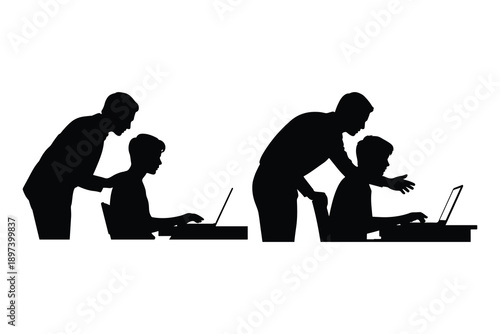 Two silhouettes of adults helping children with laptops