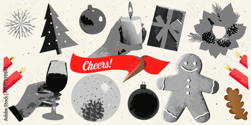 Festive christmas illustrations including a gingerbread man and holiday decorations