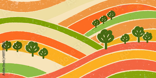 Stylized landscape with rolling hills and small groupings of trees