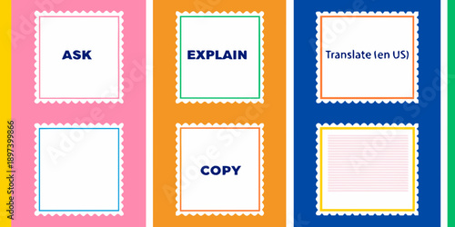 Colorful cards displaying prompts ask explain copy and translate