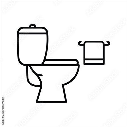 Simple line drawing depicting a toilet and towel rack in a bathroom