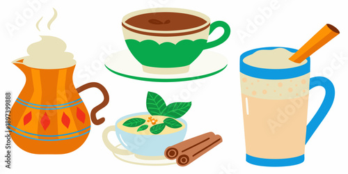 A colorful illustration of hot beverages a creamer and spices