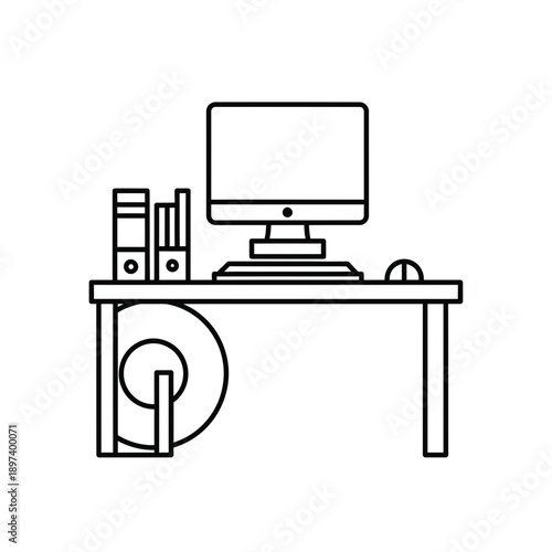 Computer Desk Workspace Icon with Monitor, Mouse, and Files.