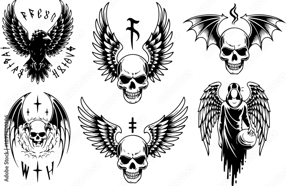 Obraz premium Tribal Animal Silhouette Tattoo Vector Bundle – Eagle Bear Wolf Snake Panther Black Graphic Set