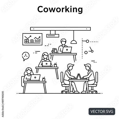 Coworking Office Space Scene with People Working on Laptops - Line Art Vector Icon Illustration