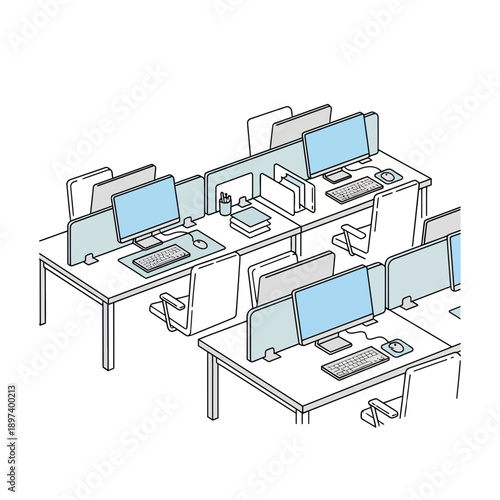 Isometric illustration of an empty open office space with multiple cubicle desks and computers.