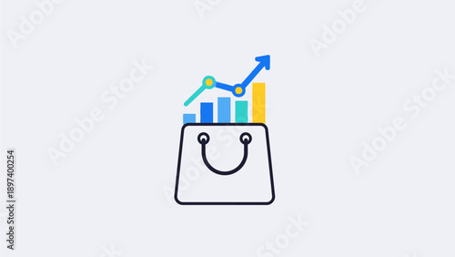 This sales growth and business profit illustration represents revenue increase, financial performance tracking, and business success measurement. The design features a shopping bag combined with an up