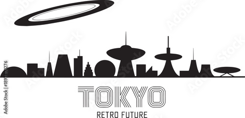 Tokyo retro future skyline silhouette with flying saucer and sci fi architectural icons