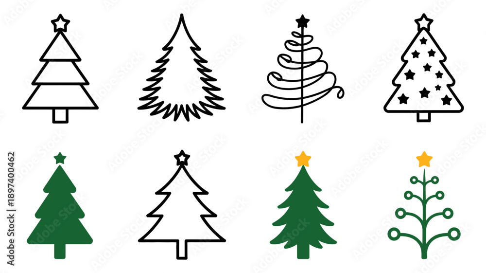 Obraz premium A collection of diverse and stylish christmas tree icons in outline and filled designs for holiday cheer