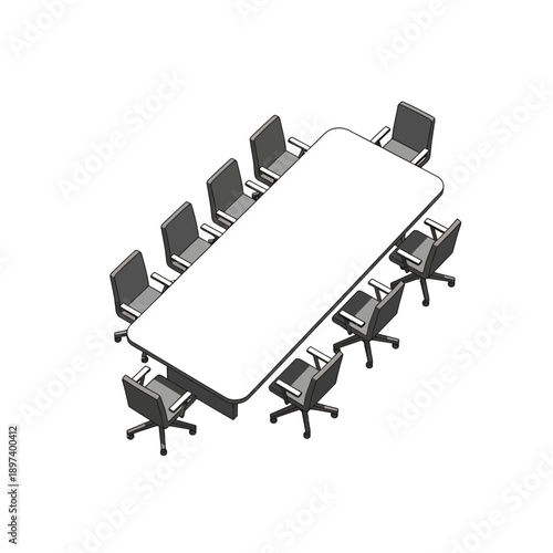 Minimalist isometric drawing of a long conference table and twelve modern office chairs.