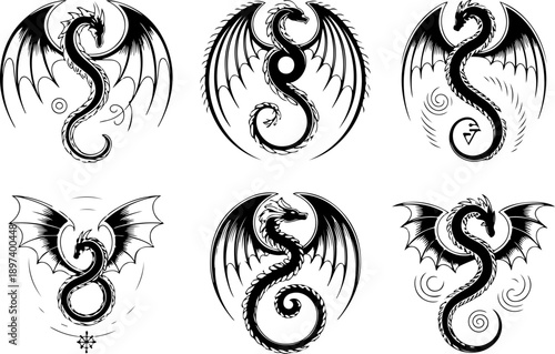 Tribal Animal Silhouette Tattoo Vector Bundle – Eagle Bear Wolf Snake Panther Black Graphic Set