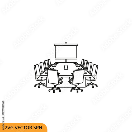 Conference room setup with large meeting table, office chairs, and presentation screen outline vector.
