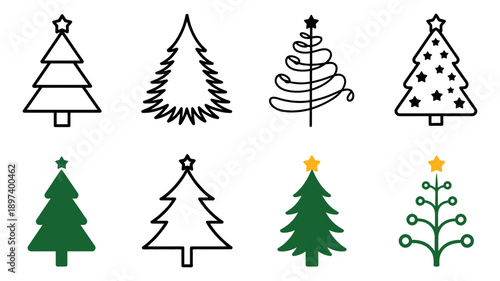 A collection of diverse and stylish christmas tree icons in outline and filled designs for holiday cheer