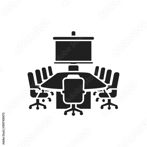 Conference Room Meeting Setup Icon with Table, Chairs, and Projector Screen Silhouette