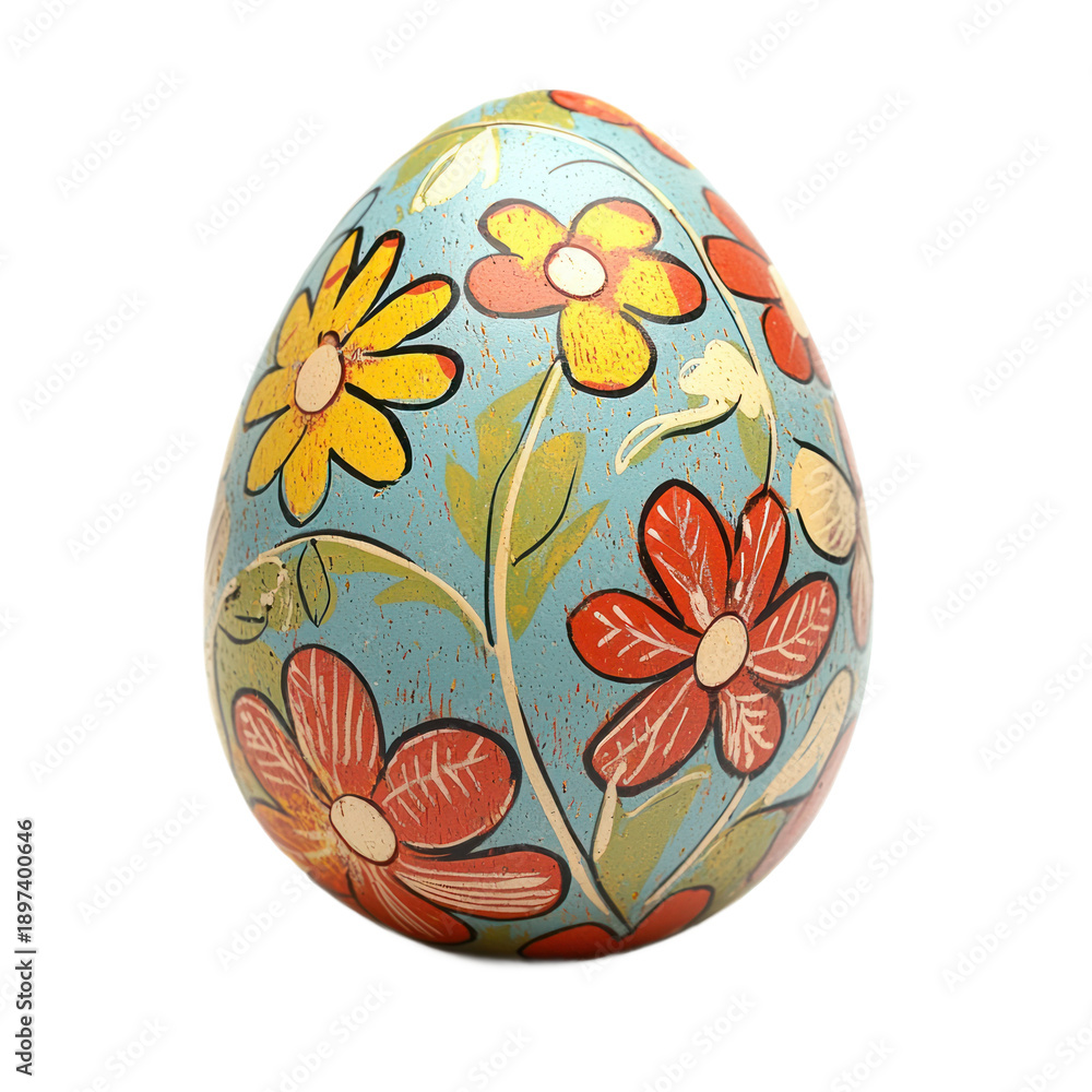 Fototapeta premium A colorful, hand-painted Easter egg with floral patterns on a blue background.