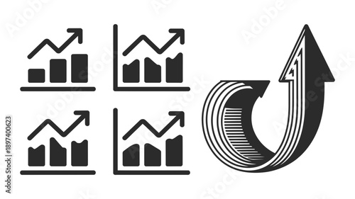 Set of growing bar chart icons and a stylish upward arrow symbolizing business growth